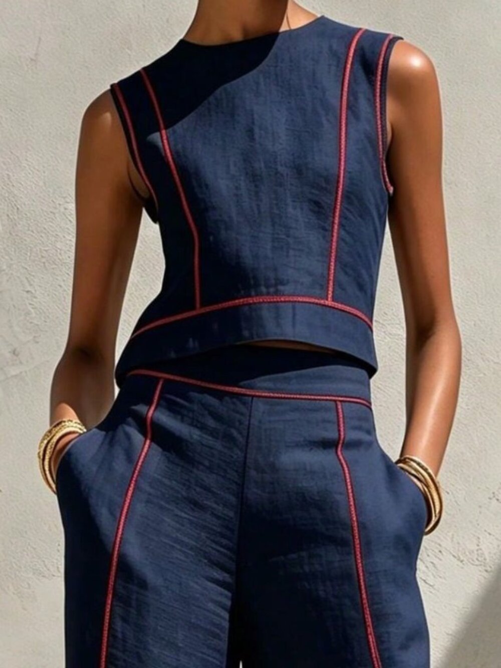Navy Blue Elegant Women's Linen Sleeveless Vest Top & Wide Leg Pants Set - Picture 2 of 3